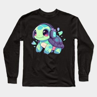 Green Turtle with Headphones Long Sleeve T-Shirt